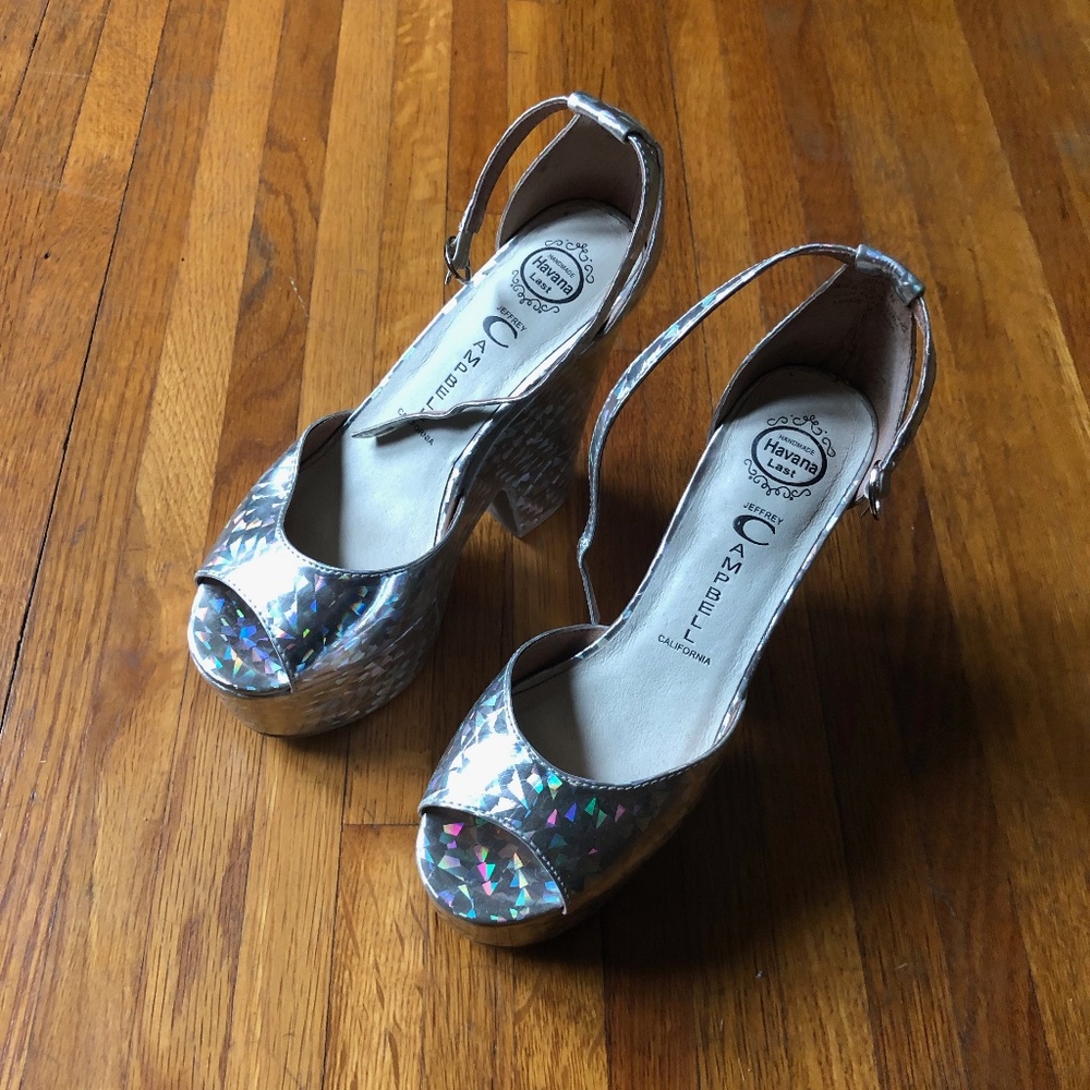 J Campbell Silver Hologram Sandal Block Heels 6